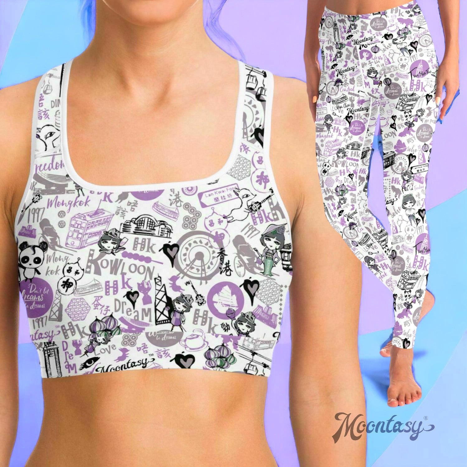Hong Kong Pattern Yoga Pants And Top Set (Purple/for women)