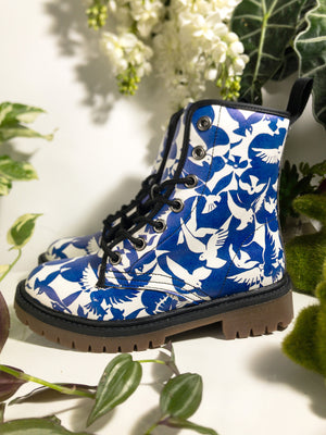 Pigeons Pattern Vegan Leather Boots (Blue and Beige)