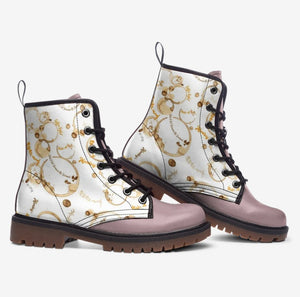 Coffee Stains Pattern Vegan Leather Boots (White and Tan)