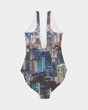 Hong Kong Night View Women's One-Piece Swimsuit (Black and Grey)