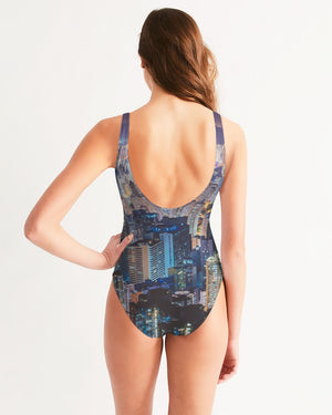Hong Kong Night View Women's One-Piece Swimsuit (Black and Grey)