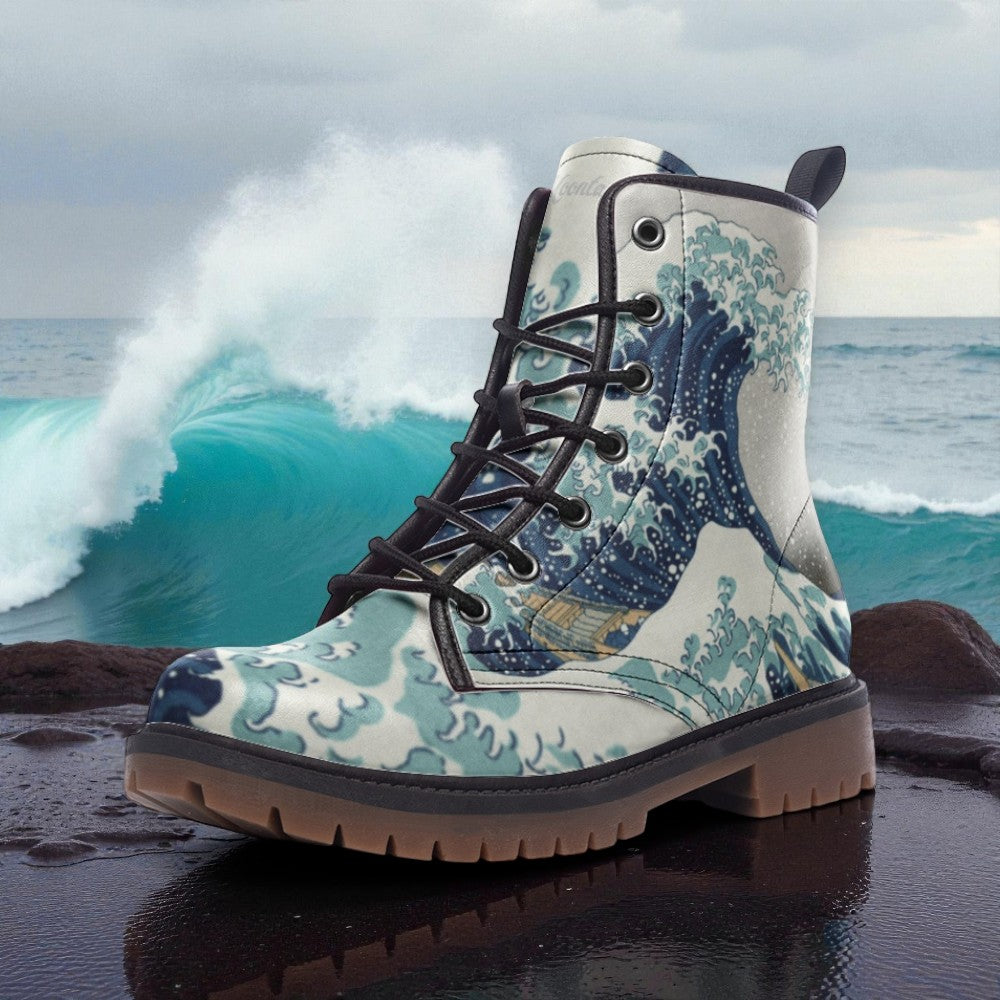 A white and blue patterned boot is placed on a rock, with a large wave crashing in the background.