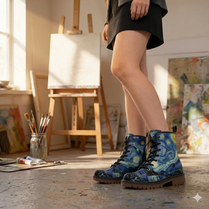 A person stands in an art studio, wearing blue boots with a starry night sky design, and surrounded by art supplies and paintings.