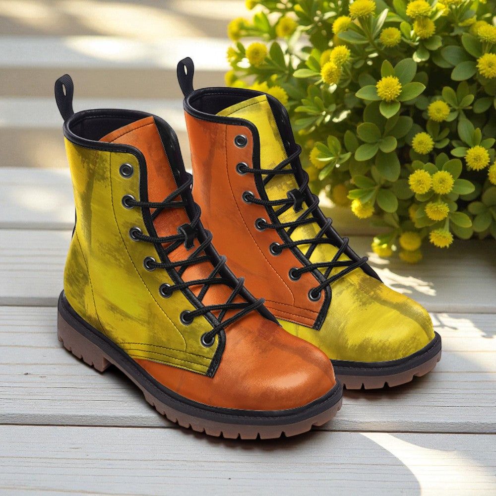 A pair of vibrant yellow and orange boots with black laces, placed on a wooden surface next to a bouquet of yellow flowers.