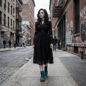 A woman in a black lace dress and teal boots walks down a city street lined with graffiti-covered buildings.
