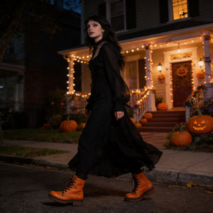 A woman in a black dress and orange boots walks down a street at night, with a house decorated for Halloween and pumpkins in the background.