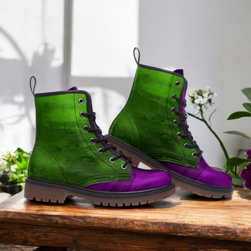 A pair of green and purple combat boots are displayed on a wooden surface, with white flowers in the background.