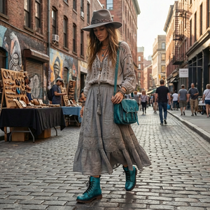 A woman in a gray dress and blue boots walks down a busy city street, carrying a teal handbag.