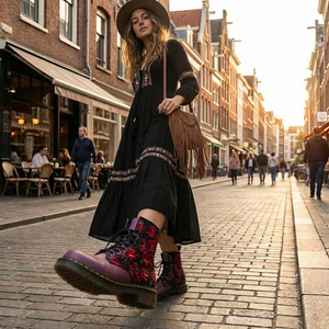 A woman in a black dress and floral boots walks down a cobblestone street, carrying a brown purse, with a brick building and outdoor seating area in the background.