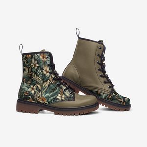 Beige and Dark Green Jungle Floral Vegan Combat Boots| Charm Faux Leather Shoes| Wide Comfy| Hippy Boots| Customs Shoe For Womens For Men