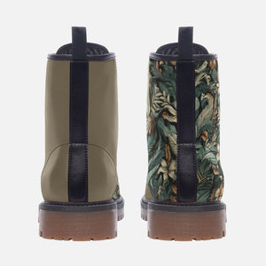 Beige and Dark Green Jungle Floral Vegan Combat Boots| Charm Faux Leather Shoes| Wide Comfy| Hippy Boots| Customs Shoe For Womens For Men