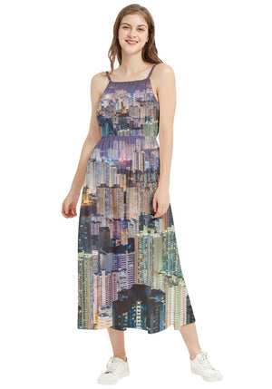 Hong Kong Night View Boho Sleeveless Summer Dress