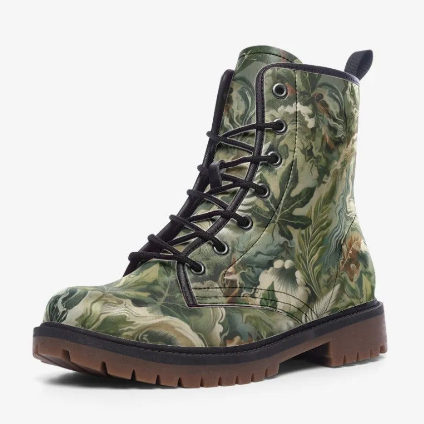A pair of camouflage-patterned boots with a floral design.