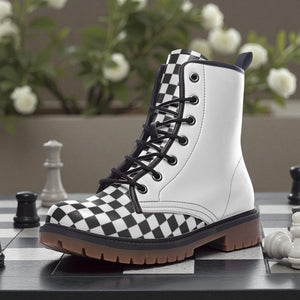 A white and black checkered boot is placed on a chessboard, with a chess piece visible in the background.