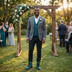 A man in a gray suit and blue boots stands in front of a wooden arch decorated with flowers, smiling at the camera.
