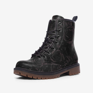 Gothic Black Roses Vegan Combat Boots｜Floral Faux Leather Boots｜Goth Girl Lace Up Boots| Cosplay｜Witchcore Boots| Clubwear For Men| Women