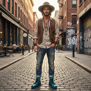 A man wearing a cowboy hat, leather vest, and jeans stands on a cobblestone street, with graffiti-covered buildings in the background.