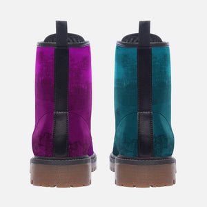 Mismatched Teal and Purple Vegan Combat Boots| Charm Faux Leather Shoes| Wide Comfy| Hippy Boots| Customs Shoe For Womens For Men