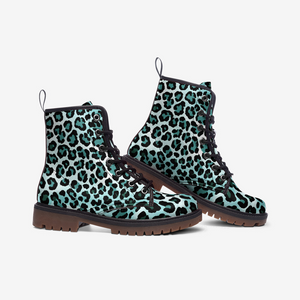 Teal Leopard Print Combat Boots | Pastel Blue Goth Shoes | Y2K Fashion Boots | Mermaidcore Animal Print Footwear | Rave Festival Boots