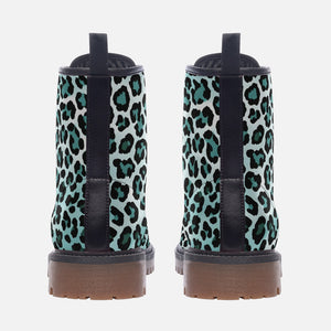 Teal Leopard Print Combat Boots | Pastel Blue Goth Shoes | Y2K Fashion Boots | Mermaidcore Animal Print Footwear | Rave Festival Boots