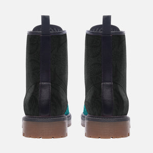 Mystic Teal & Black Vegan Combat Boots| Two-Tone Damask Pattern| Witchy Goth Style, Pagan Dark Academia Faux Leather Ankle Boots| Shoe Customs For Men, Women, Girls, Boys