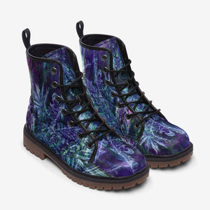 Mystical Aurora Combat Boots| Unique Lace-Up Boots| Dark Blue Crystals Vegan Leather Shoes| CustomBoots for Women| Men| Purple| Black