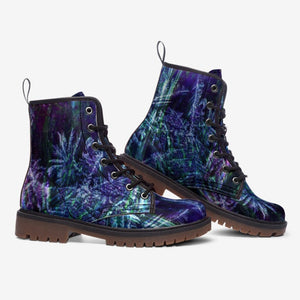 Mystical Aurora Combat Boots| Unique Lace-Up Boots| Dark Blue Crystals Vegan Leather Shoes| CustomBoots for Women| Men| Purple| Black