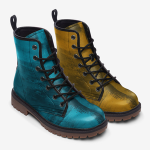 Mismatched Ocean Teal and Gold Combat Boots| Turquoise Fantasy Boots| Hippie Shoes| Blue and Yellow Vegan Leather| For Men| Women| Lace up