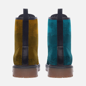 Mismatched Ocean Teal and Gold Combat Boots| Turquoise Fantasy Boots| Hippie Shoes| Blue and Yellow Vegan Leather| For Men| Women| Lace up