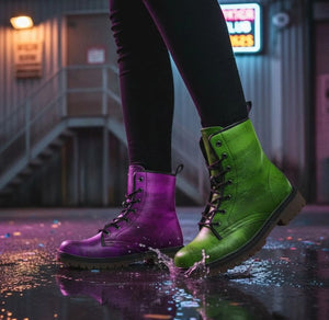 A person wearing purple and green boots is walking through a puddle on a rainy night, with the reflection of the boots in the water.