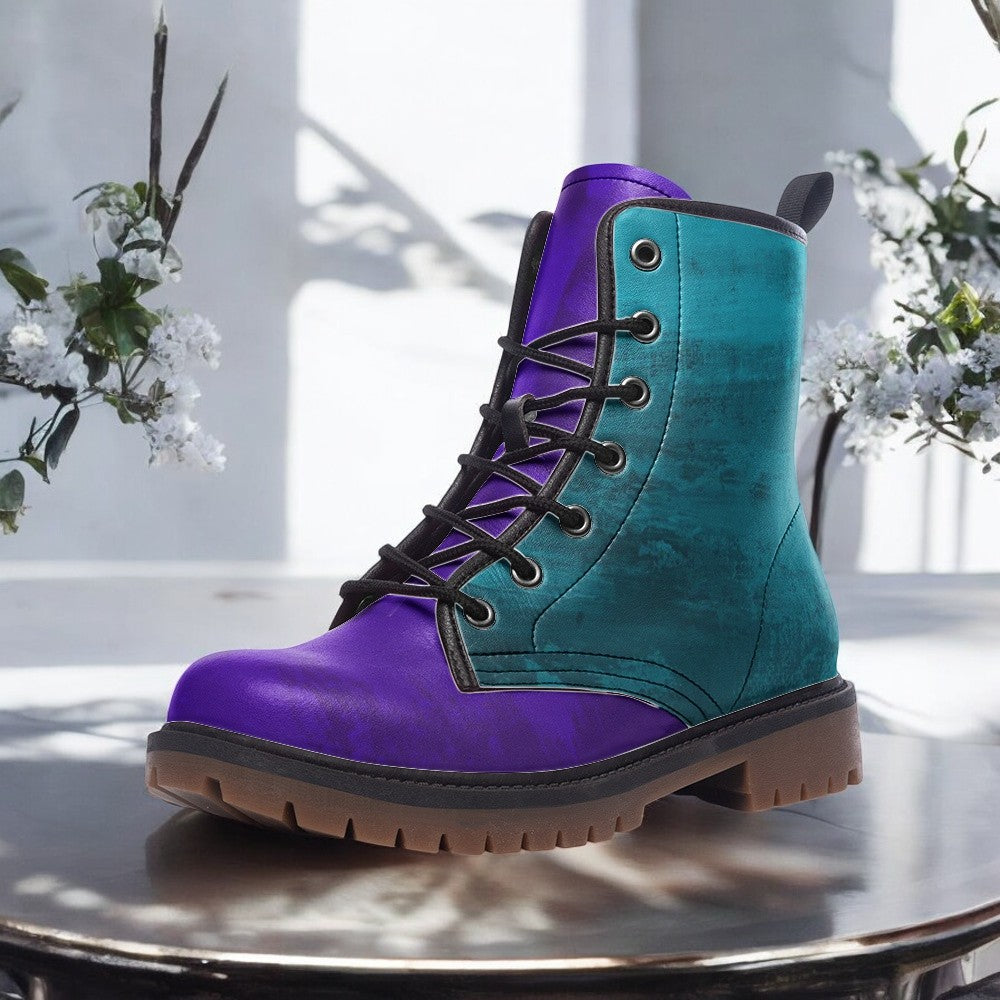 A purple and teal combat boot is displayed on a table, with white flowers visible in the background.