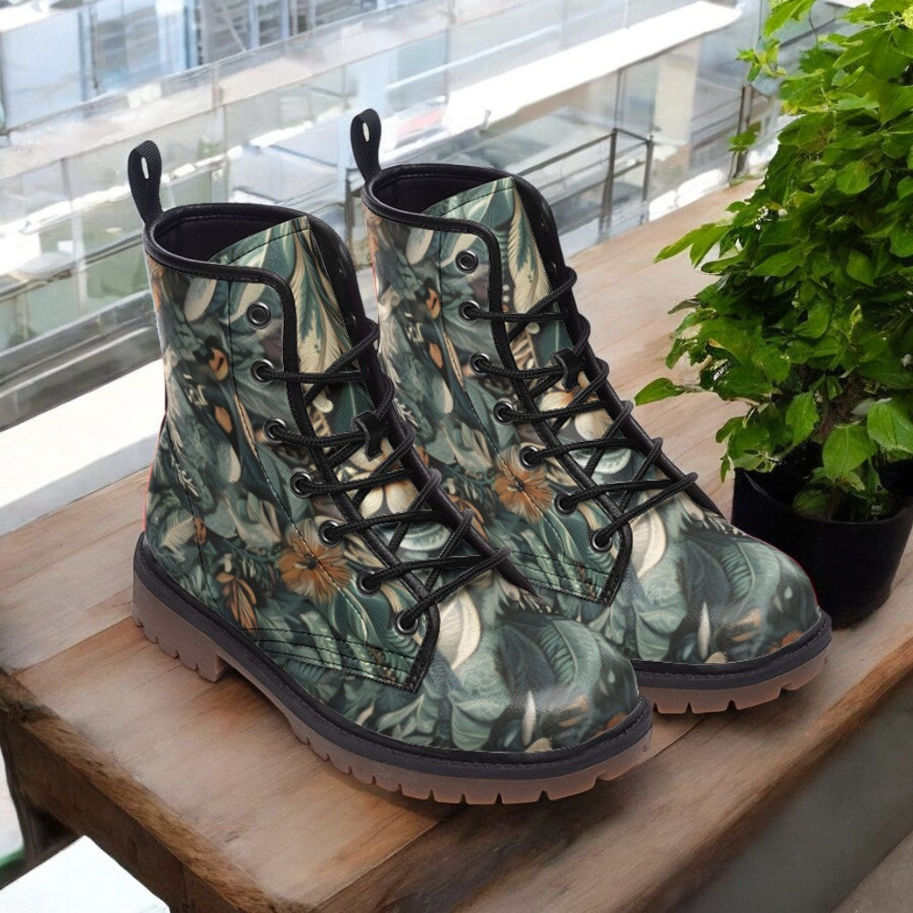 a pair of boots sitting on top of a wooden table