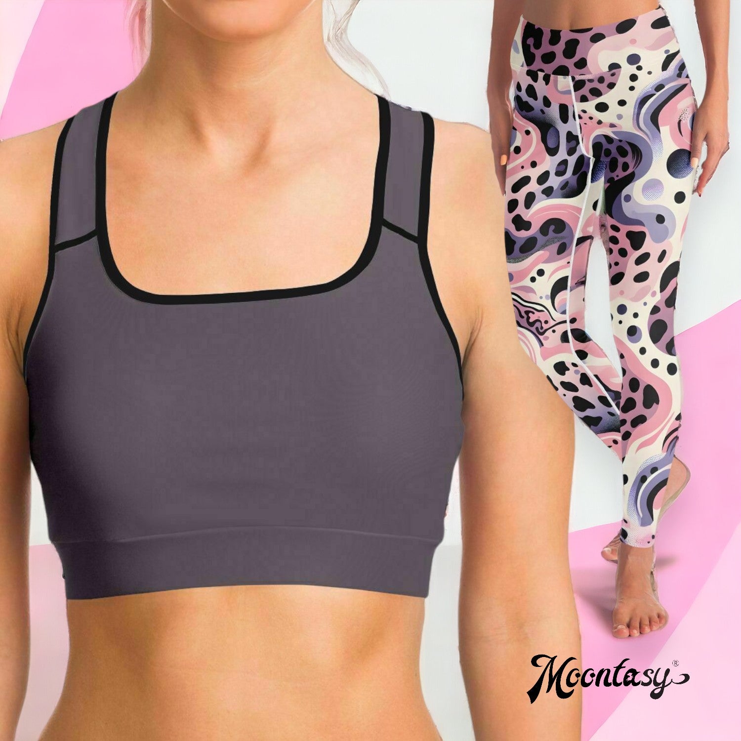 Abstract Pink Splash Yoga Pants And Grey Top Set (for women)