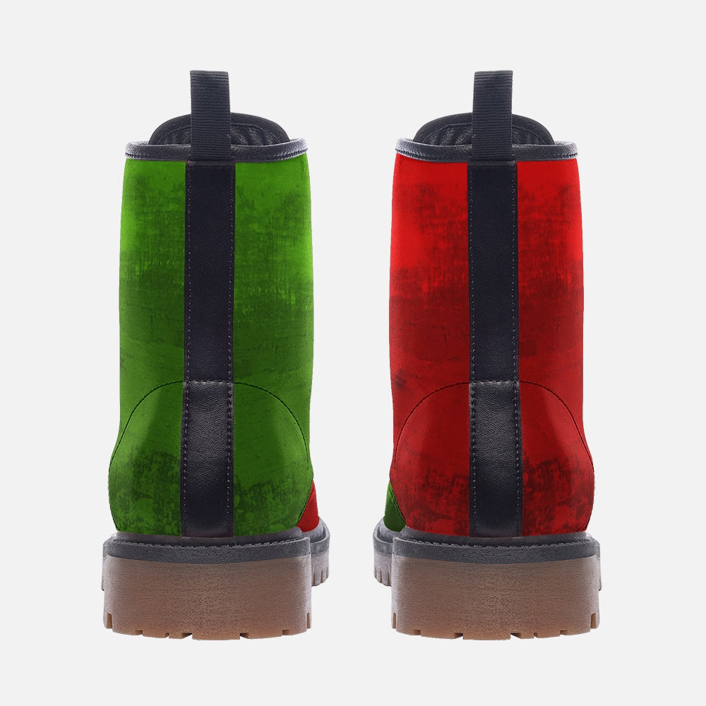 two pairs of boots, one green and one red, with a textured pattern on the soles.