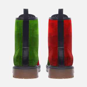 two pairs of boots, one green and one red, with a textured pattern on the soles.