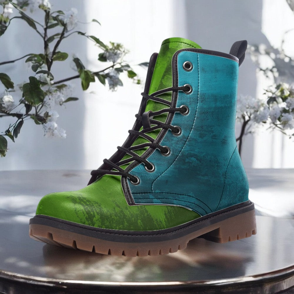 A vibrant green and blue boot with a rugged appearance, placed on a reflective surface against a backdrop of white flowers.