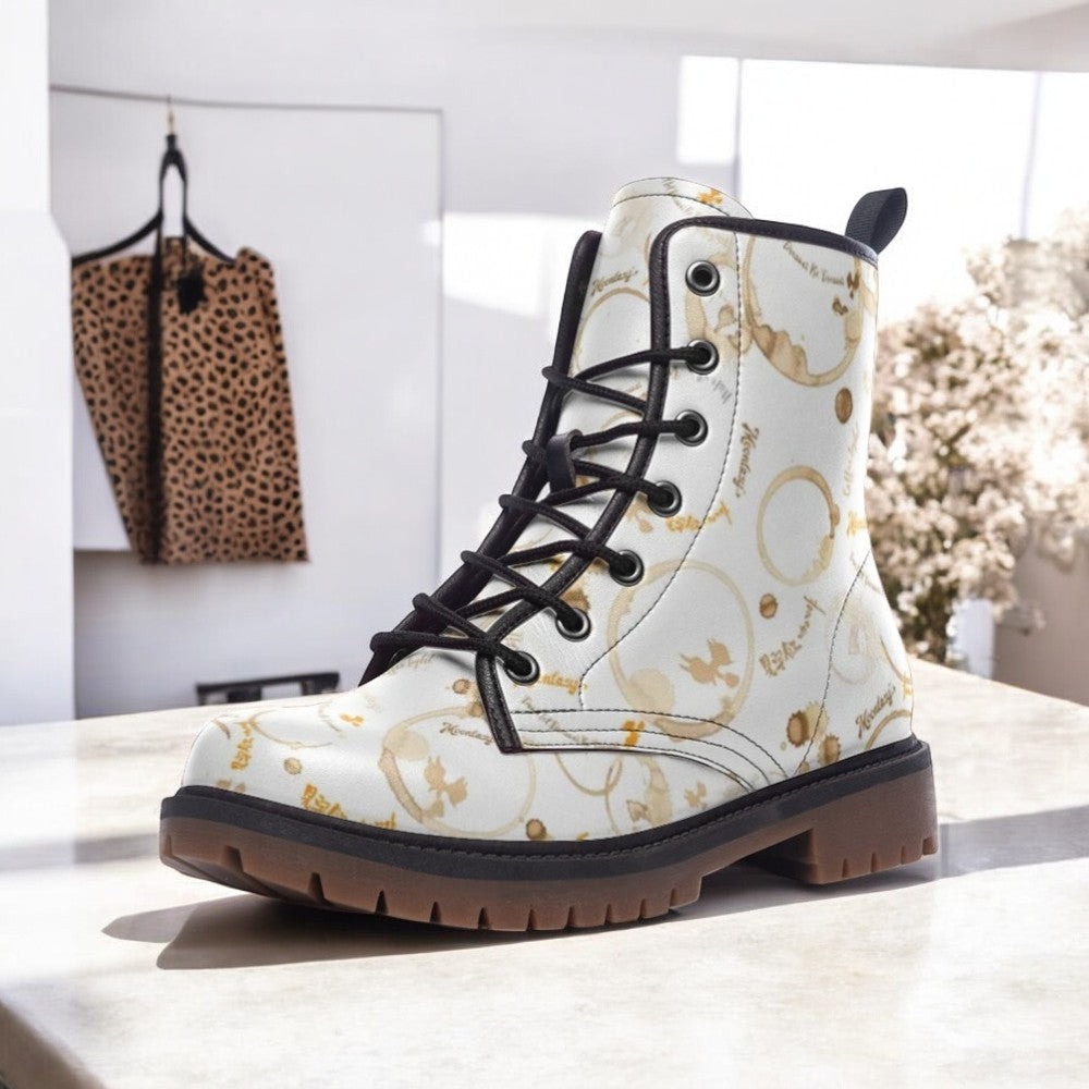 a pair of white boots sitting on top of a counter