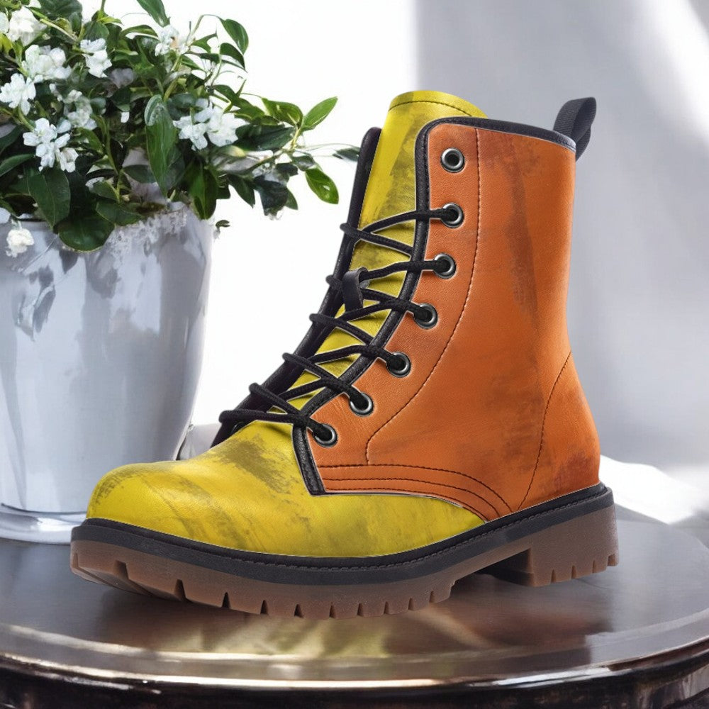 A yellow and orange boot is displayed on a round table, with a potted plant to the left and a white vase to the right.