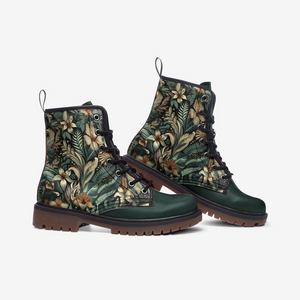 Dark Green Jungle Floral Vegan Combat Boots| Charm Faux Leather Shoes| Wide Comfy| Hippy Boots| Customs Shoe For Womens For Men
