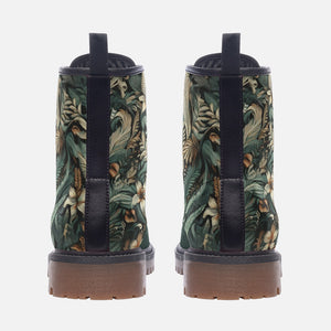 Dark Green Jungle Floral Vegan Combat Boots| Charm Faux Leather Shoes| Wide Comfy| Hippy Boots| Customs Shoe For Womens For Men