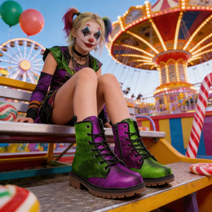 A person dressed as a clown, wearing a green and purple outfit, sits on a bench in front of a colorful carnival ride.