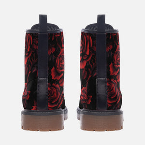 Goth Vegan Combat Boots with Red Roses | Black Romantic Goth Boots | Dark Floral Print Shoes |Victorian Punk Rock Footwear | Alt Fashion