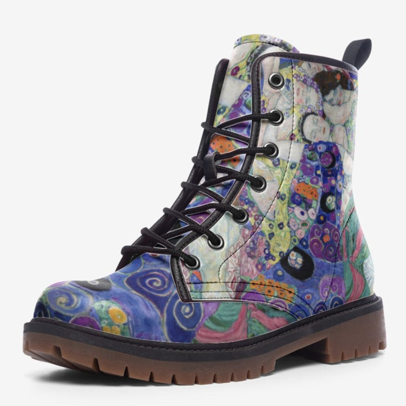 a pair of colorful boots on a white background