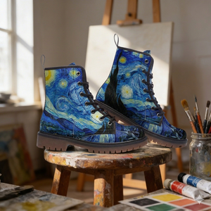 A pair of vibrant, starry-patterned boots sits on a wooden stool in an art studio, surrounded by art supplies and a canvas.