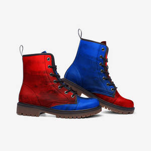 Mismatched Red and Blue Vegan Combat Boots| Charm Faux Leather Shoes| Wide Comfy| Hippy Boots| Customs Shoe For Womens For Men