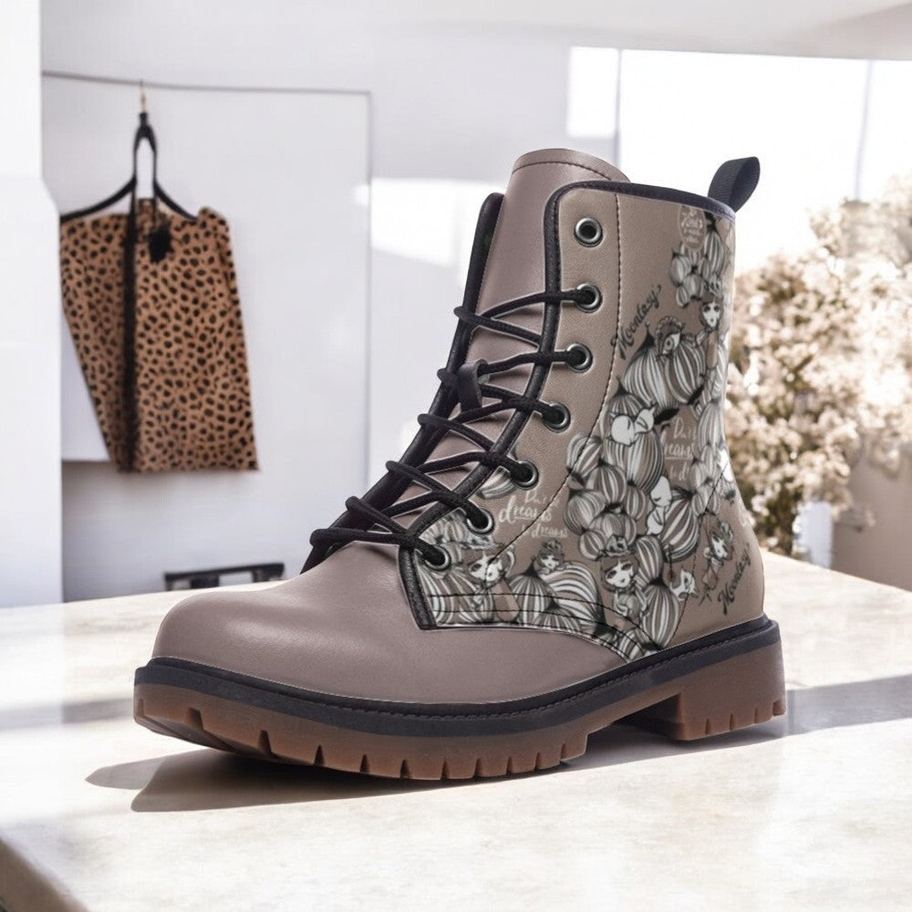 a pair of boots sitting on top of a counter