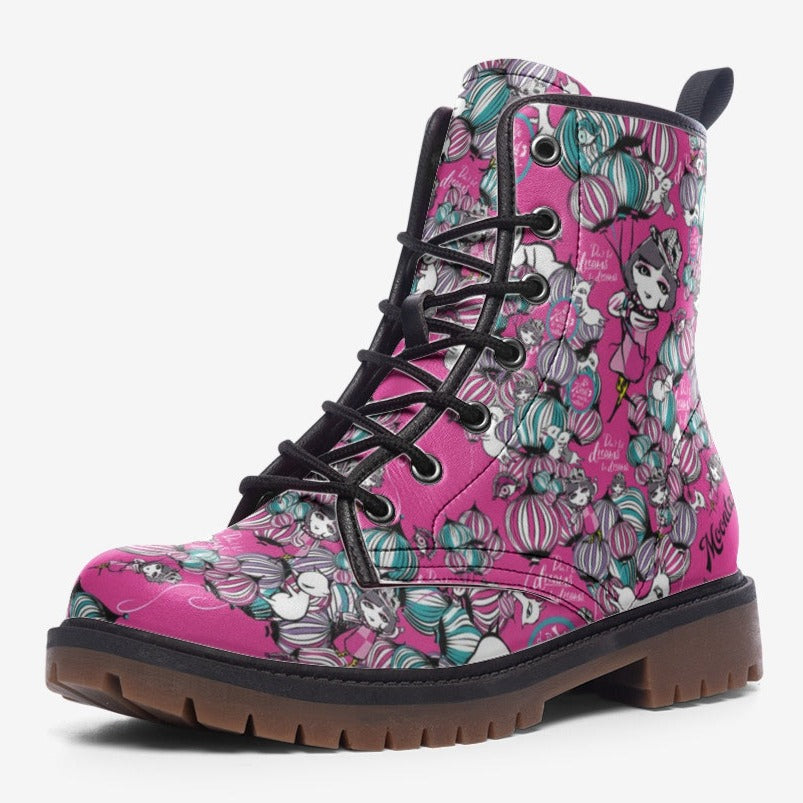 Barbie Pink Graffiti Vegan Combat Boots | Charms Fancy boot| Fantasy Red Lace Up Leather Shoes| Gothic Style| gifts-for-girl