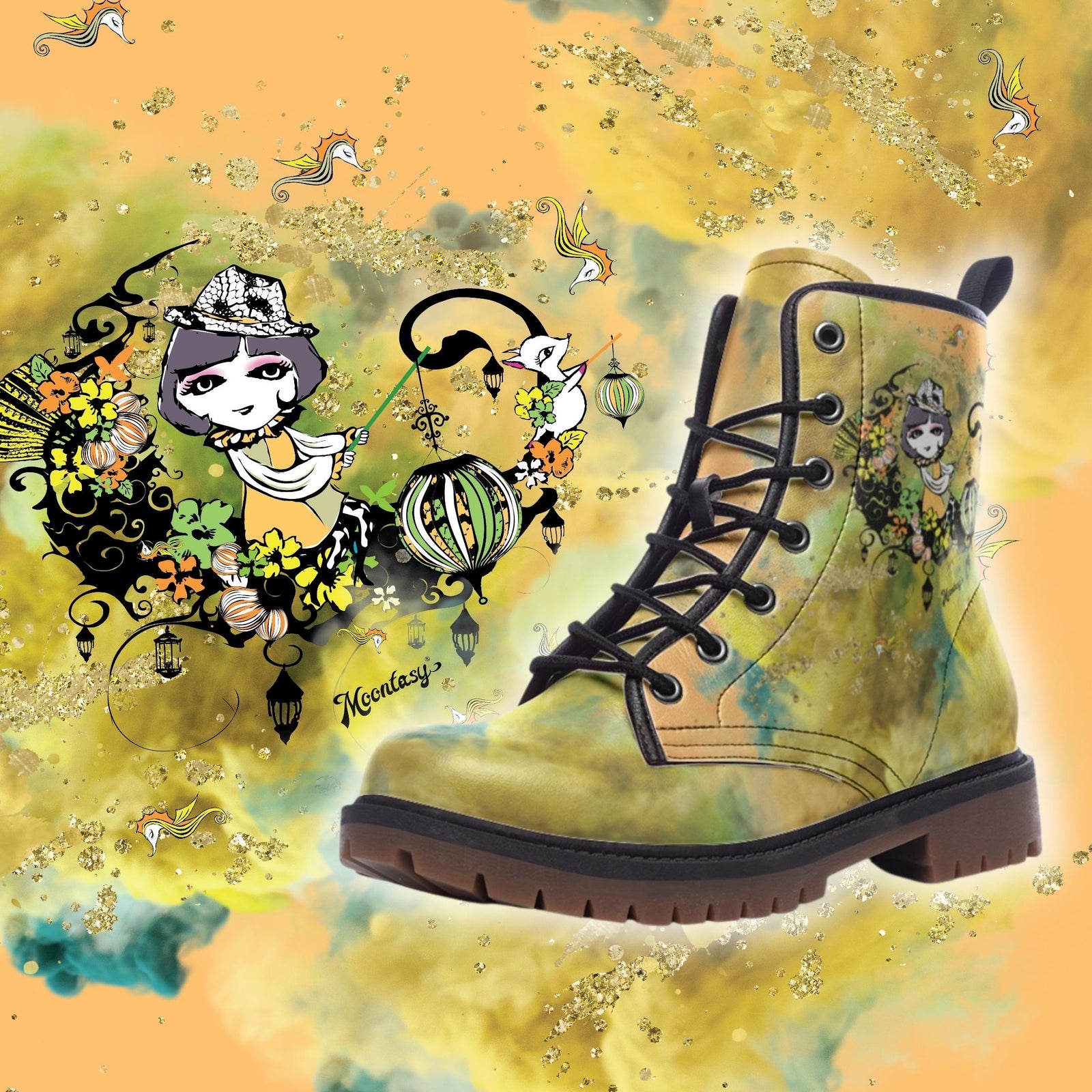 Yellow Graffiti Vegan Combat Boots | Gold| Charms Fancy boot| Lace Up| Fantasy Leather Shoes| Gothic| Goth e Girls|Witchy| gifts-for-girl