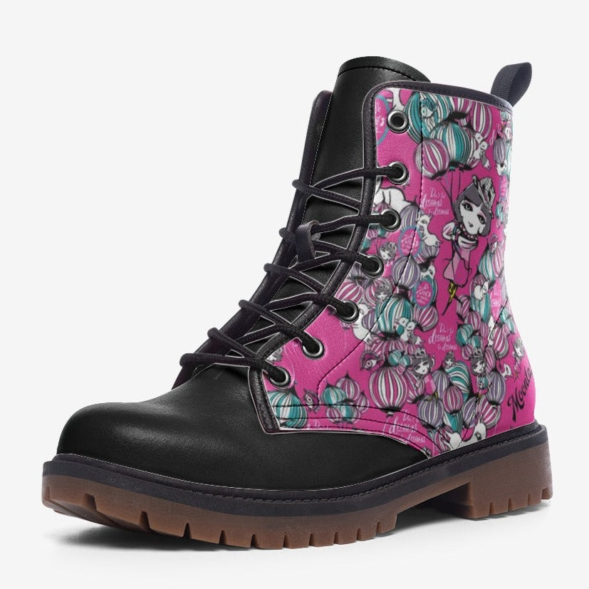 Black and Red Graffiti| Vegan Combat Boots | Hot Pink|Charms Fancy boot| Lace Up| Fantasy Leather Shoes| Gothic| gifts-for-girl