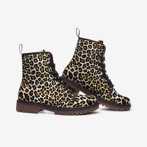 Full Leopard Print Vegan Combat Boots | Glam Punk Rockabilly Shoes | Brown 90s Grunge Festival Footwear | Baddie Aesthetic Y2K Fashion Boots | Junglecore Maximalist Statement Boots